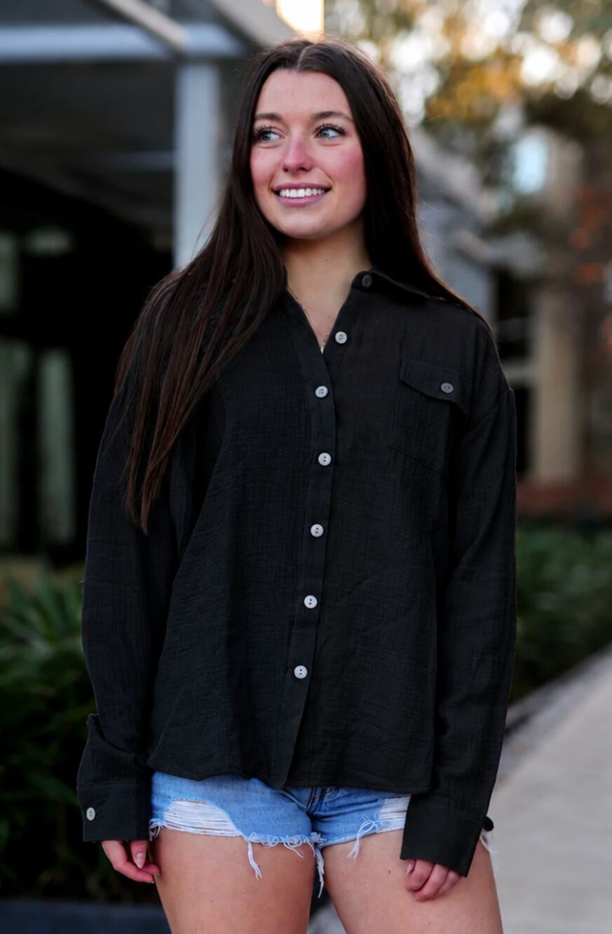 CLUB SOCIAL JADELYNN BROOKE Casual Gauze Shirt Small Black Long Sleeve NWT